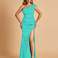 Satin One-shoulder Bridesmaid Dresses Mermaid Side Slit Sleeveless Floor Length