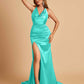 Sexy Satin Open Back Bridesmaid Dresses Mermaid V-neck Side Slit With Train