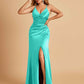 Sexy Satin Sheath Bridesmaid Dresses Spaghetti Straps V-neck Side Slit Pleats Floor Length For Sale