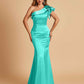 Satin One-shoulder Bridesmaid Dresses Ruffle Sleeves Mermaid Floor Length For Sale