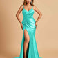 Satin Mermaid V-neck Bridesmaid Dresses Spaghetti Straps Side Slit Floor Length