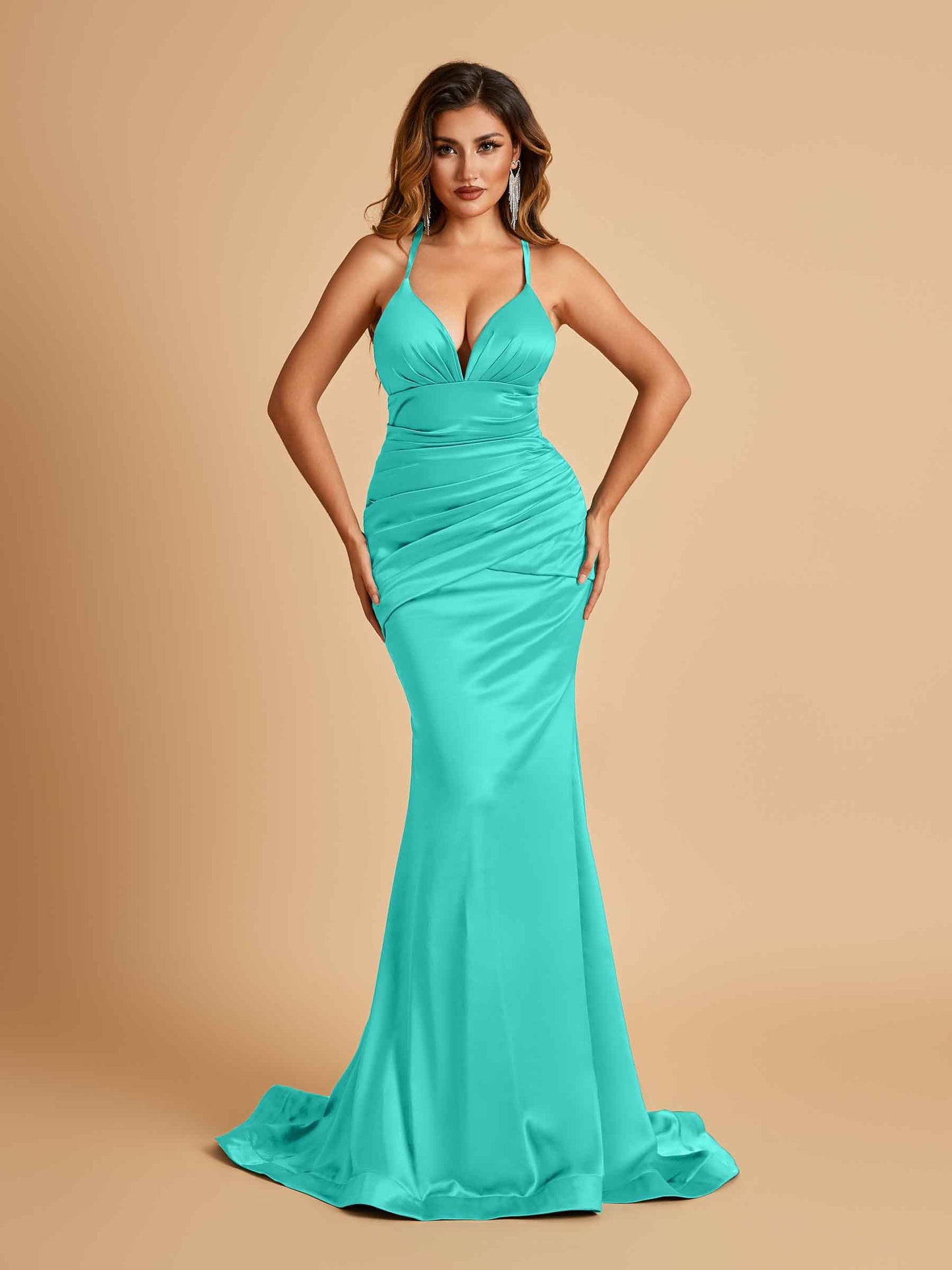 Satin Mermaid Open-back Bridesmaid Dresses Spaghetti Straps V-neck With Pleats Floor Length
