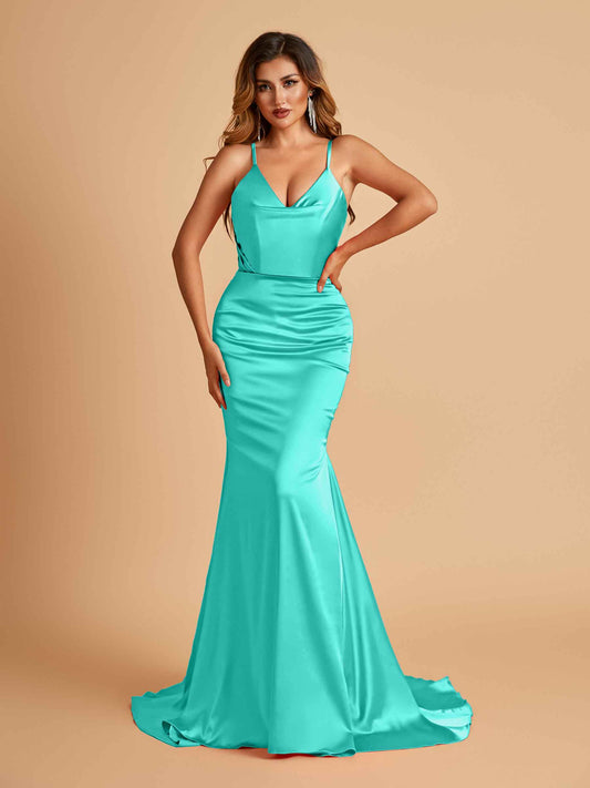 Sexy Satin Mermaid Bridesmaid Dresses Spaghetti Straps V-neck Pleats Floor Length