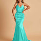 Sexy Satin Mermaid Prom Dresses Spaghetti Straps V-neck Pleats Floor Length