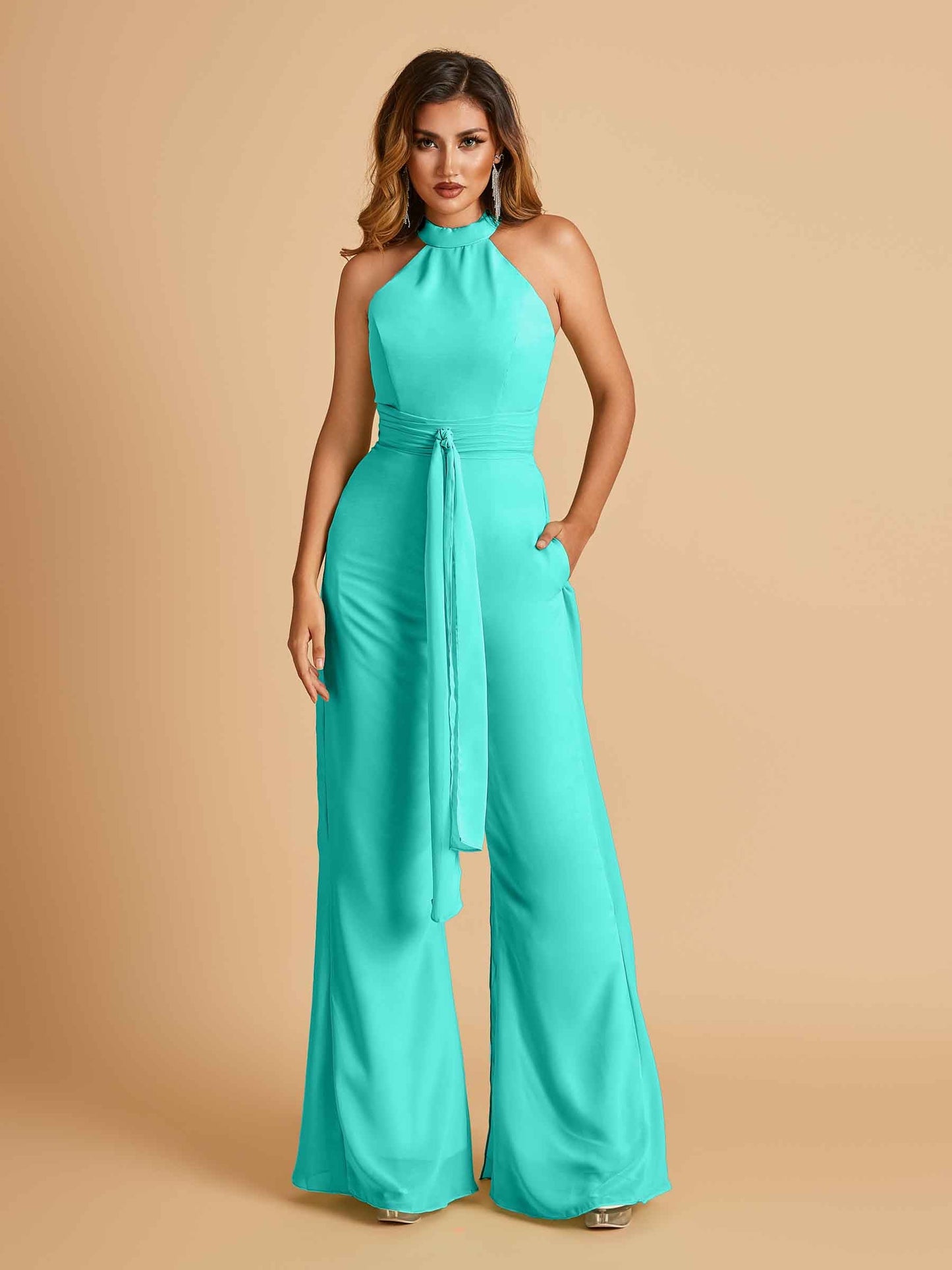 Chiffon Prom Jumpsuit Jewel Neck Sleeveless Floor Length With Pockets