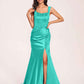 Sexy Satin Square Mermaid Bridesmaid Dresses Pleats Side-Slit Floor-Length Sleeveless