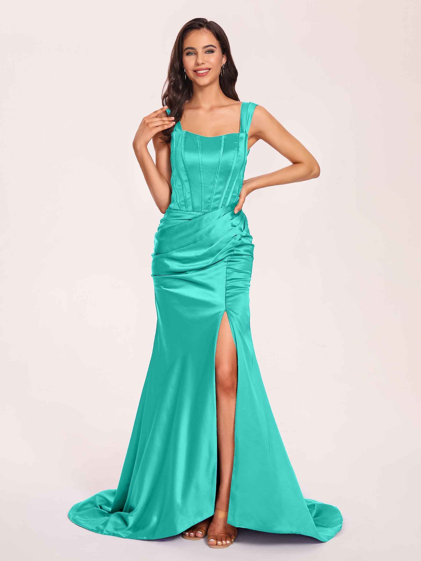 Sexy Satin Square Mermaid Bridesmaid Dresses Pleats Side-Slit Floor-Length Sleeveless