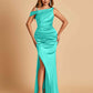 Unique Satin One Shoulder Bridesmaid Dresses Side Slit Half Open Back Floor Length