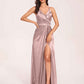 Sexy Satin A-line Bridesmaid Dresses Spaghetti Straps Side Slit V-neck Floor Length
