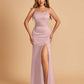 Satin Mermaid Long Bridesmaid Dresses Spaghetti Straps Scoop Side Slit Criss-cross Back