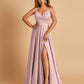 Satin A-line Long Prom Dresses Spaghetti Straps V-neck Side Slit Floor Length