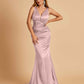 Sexy Satin Criss-cross Back Prom Dresses Mermaid Deep V-neck Back Pleats Floor Length