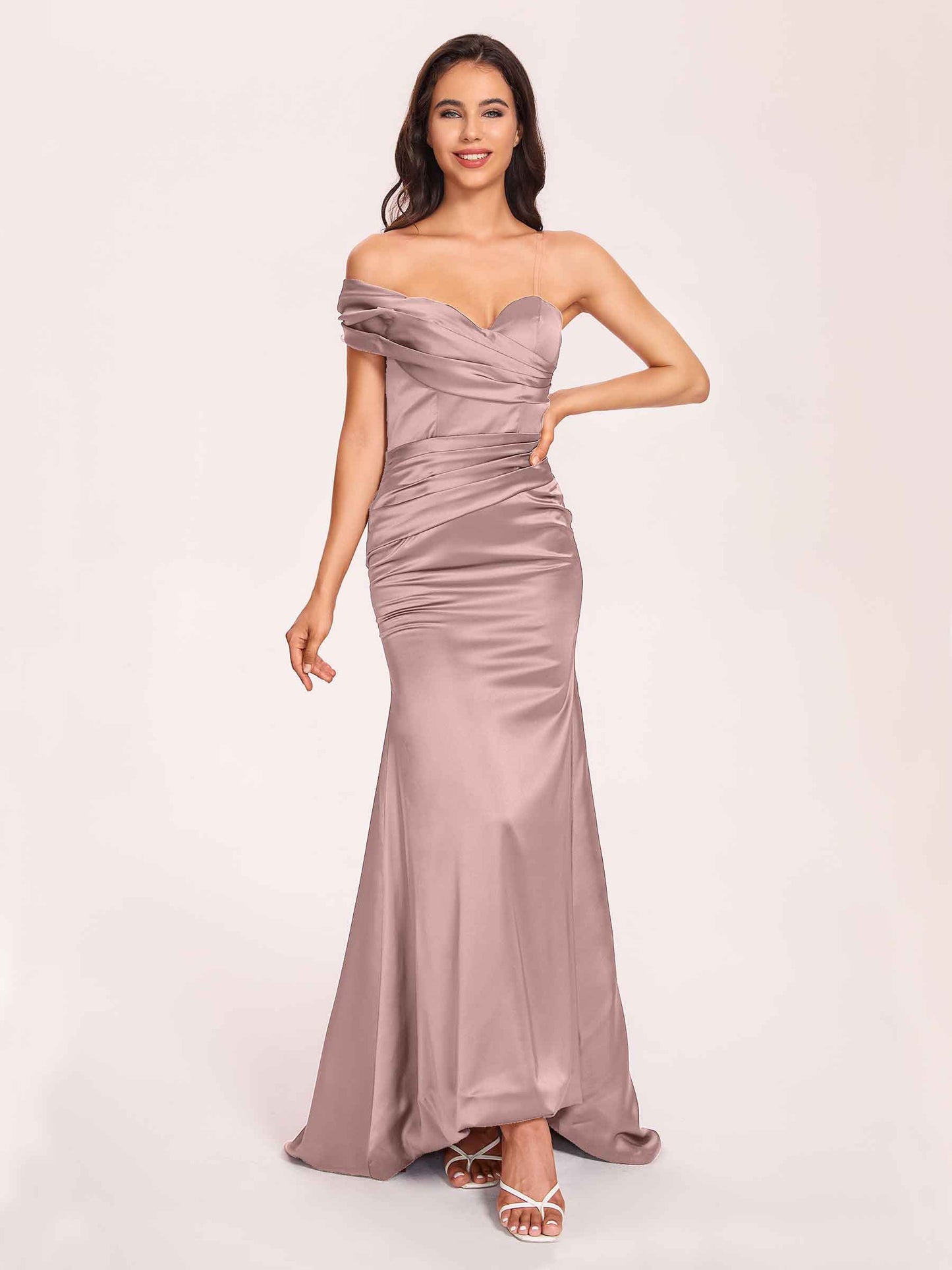 Satin One-shoulder Bridesmaid Dresses Pleats Floor Length Mermaid Long