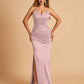 Satin Mermaid Long Prom Dresses Spaghetti Straps V-neck Side Slit Floor Length