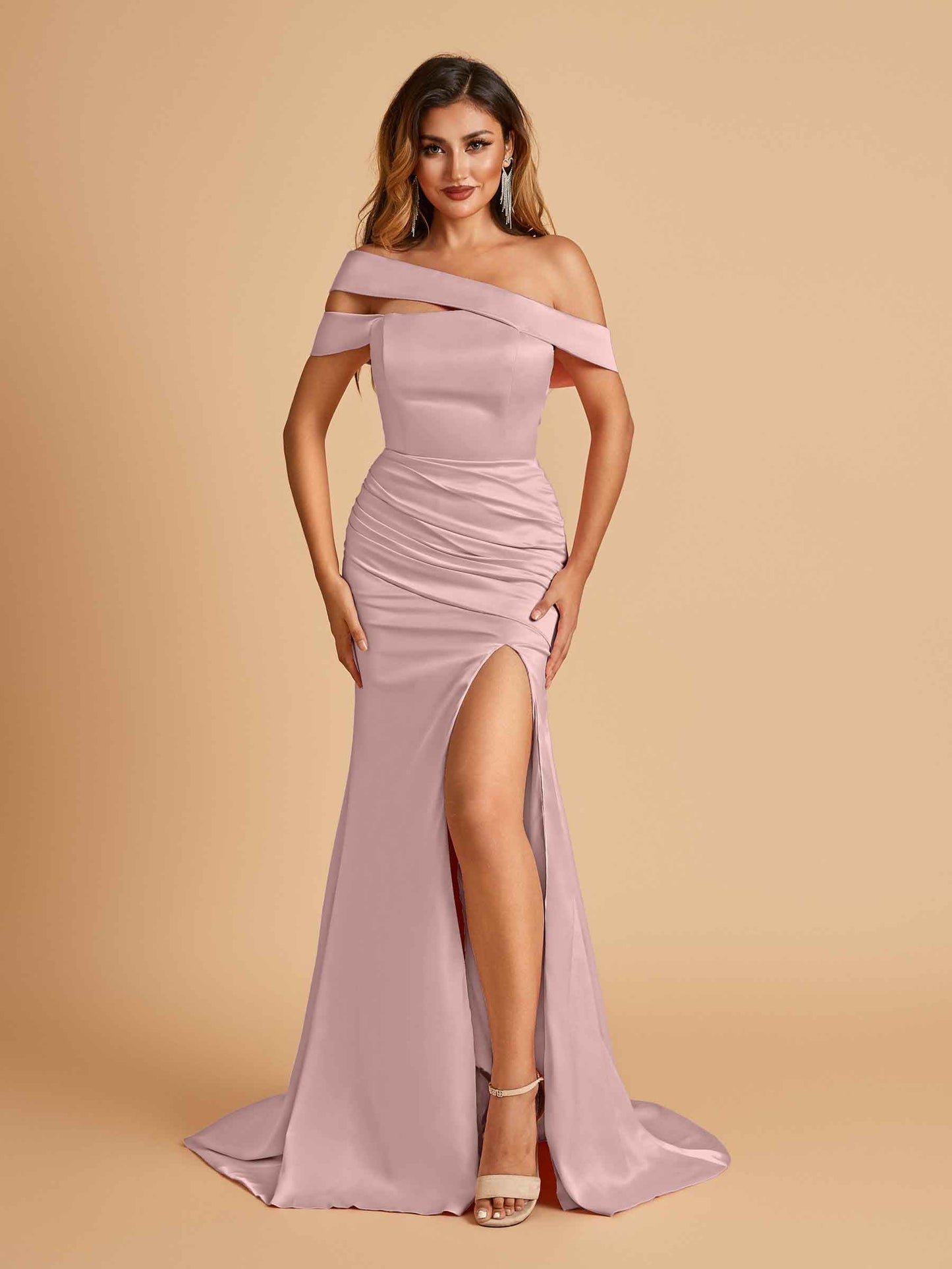 Unique Satin Mermaid Prom Dresses With Off Shoulder Straps Side Slit Floor Length