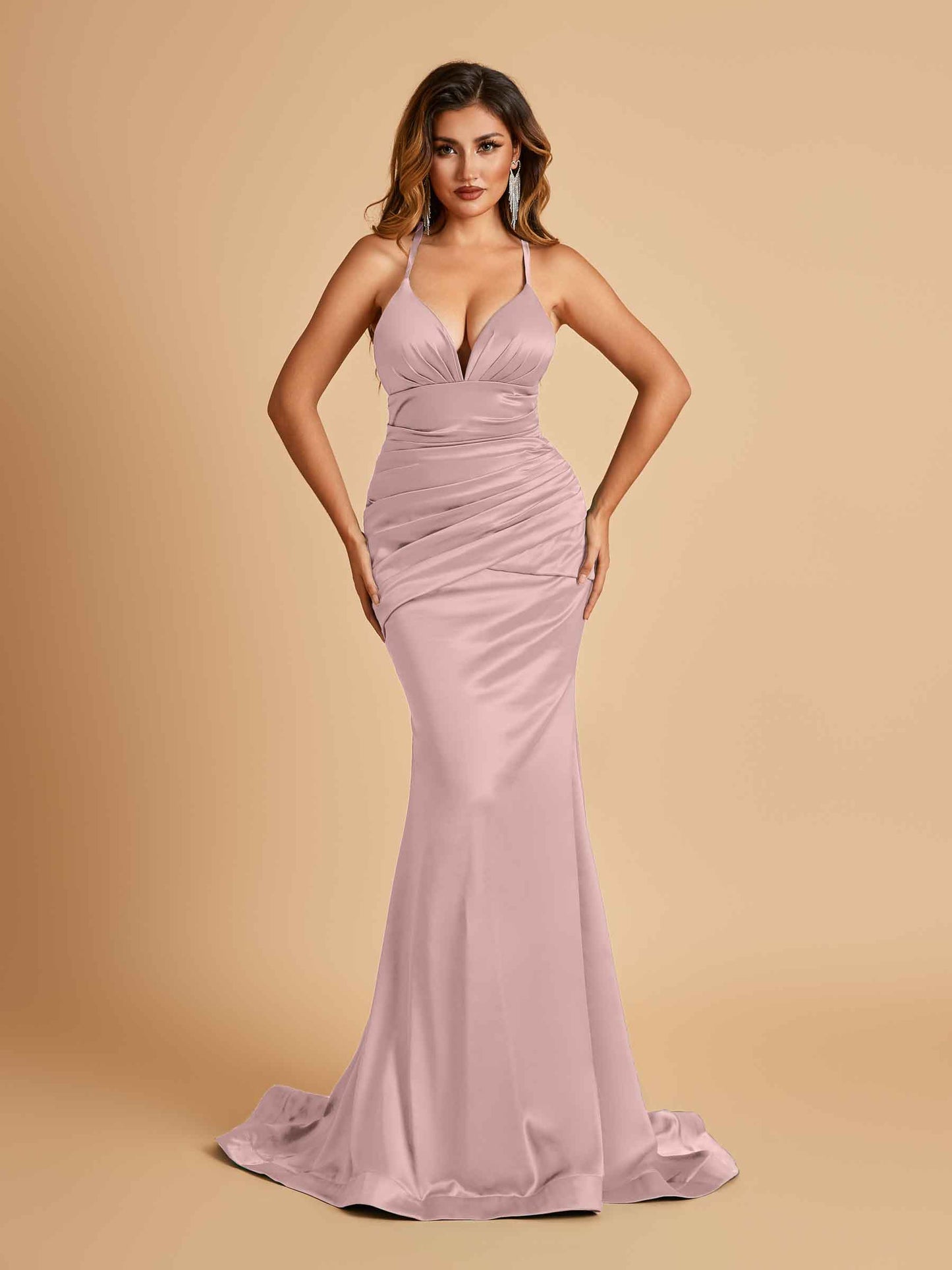 Satin Mermaid Open-back Bridesmaid Dresses Spaghetti Straps V-neck With Pleats Floor Length