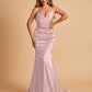 Sexy Satin Mermaid Prom Dresses Spaghetti Straps V-neck Pleats Floor Length