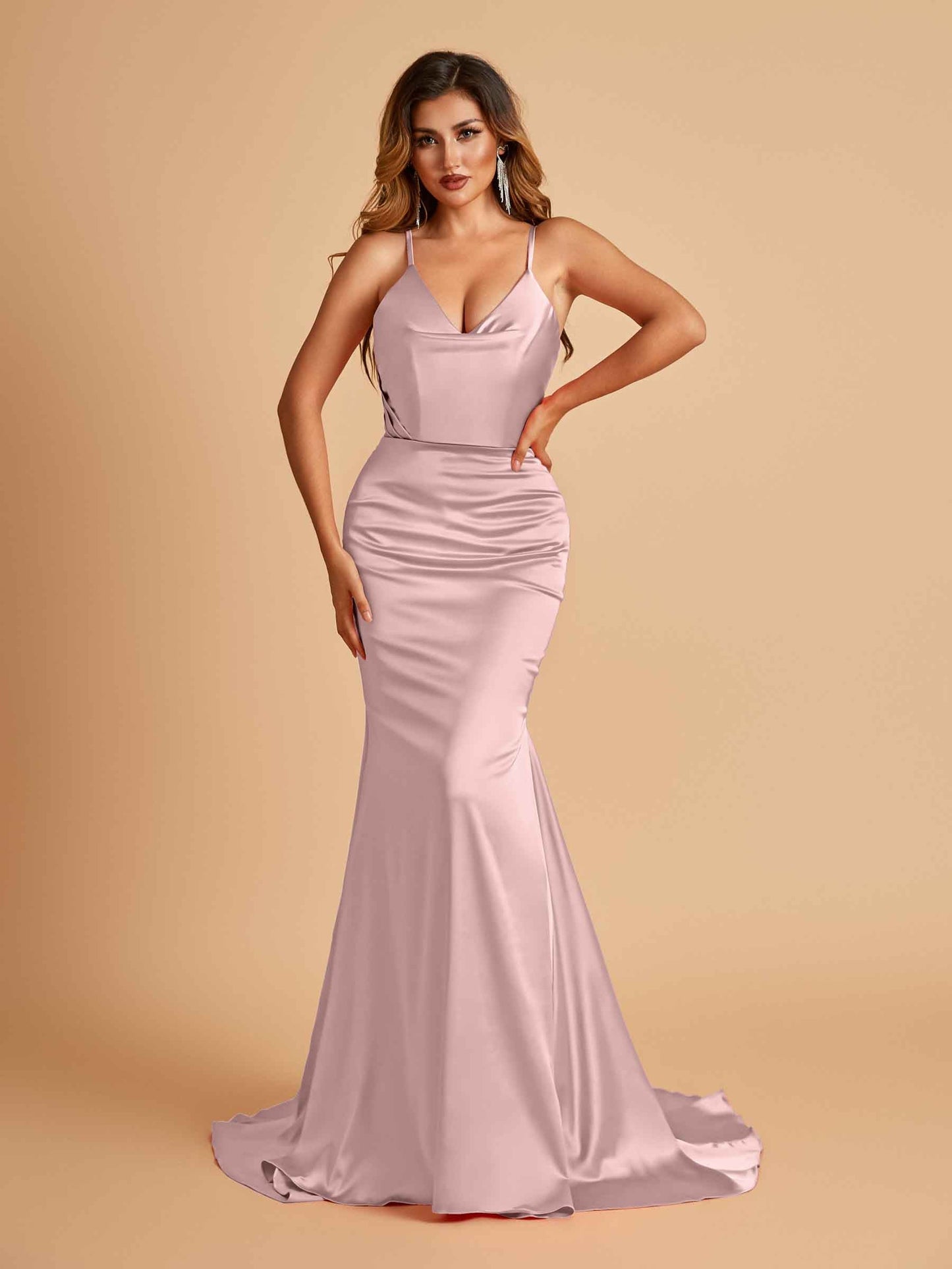 Sexy Satin Mermaid Prom Dresses Spaghetti Straps V-neck Pleats Floor Length