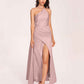 Sexy Satin Halter Strap Sheath Bridesmaid Dresses Side Slit Pleats Floor Length