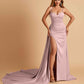 Sexy Satin Sheath Bridesmaid Dresses Spaghetti Straps Sweetheart Side Slit With Train