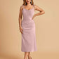 Sexy Satin Midi Prom Dresses Spaghetti Straps Slip Scoop Side Slit