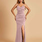 Sexy Satin Mermaid Bridesmaid Dresses Spaghetti Straps V-neck Side Slit Floor Length