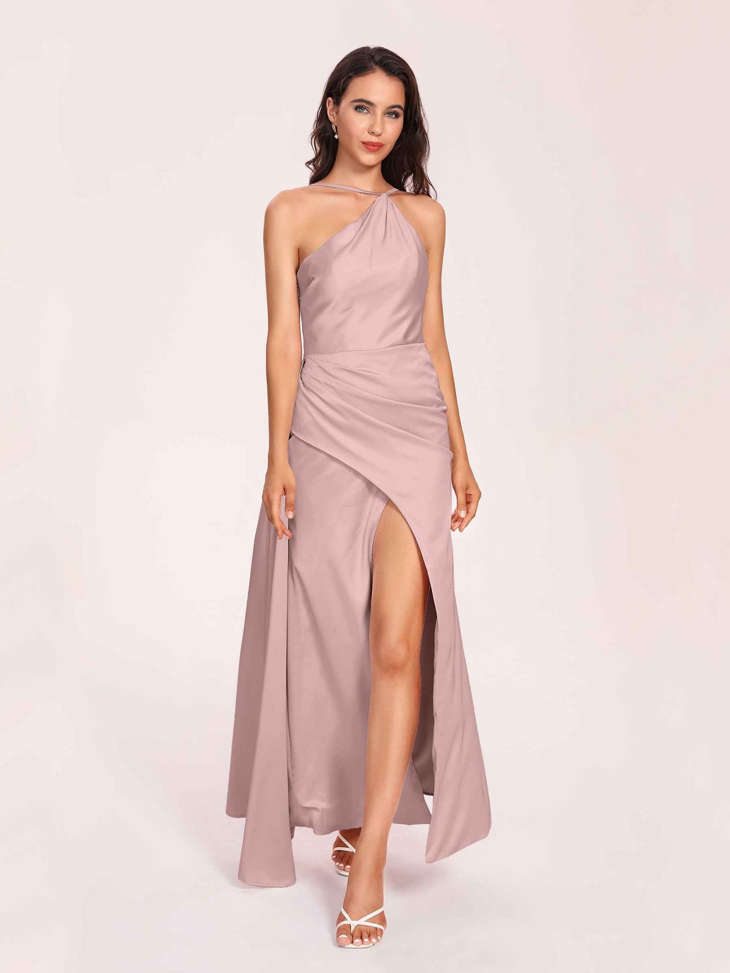 Sexy Satin Halter Strap Sheath Prom Dresses Side Slit Pleats Floor Length