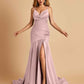 Sexy Satin Mermaid Open Back Prom Dresses Spaghetti Straps V-neck Side Slit