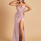Satin Spaghetti Straps Long Prom Dresses V-neck Side Slit Criss-cross Back Sheath