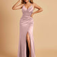 Sexy Satin Sheath Bridesmaid Dresses Spaghetti Straps V-neck Side Slit Pleats Floor Length For Sale