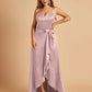 Satin Asymmetric V-neck Bridesmaid Dresses Sleeveless Side Slit A-line Unique For Sale