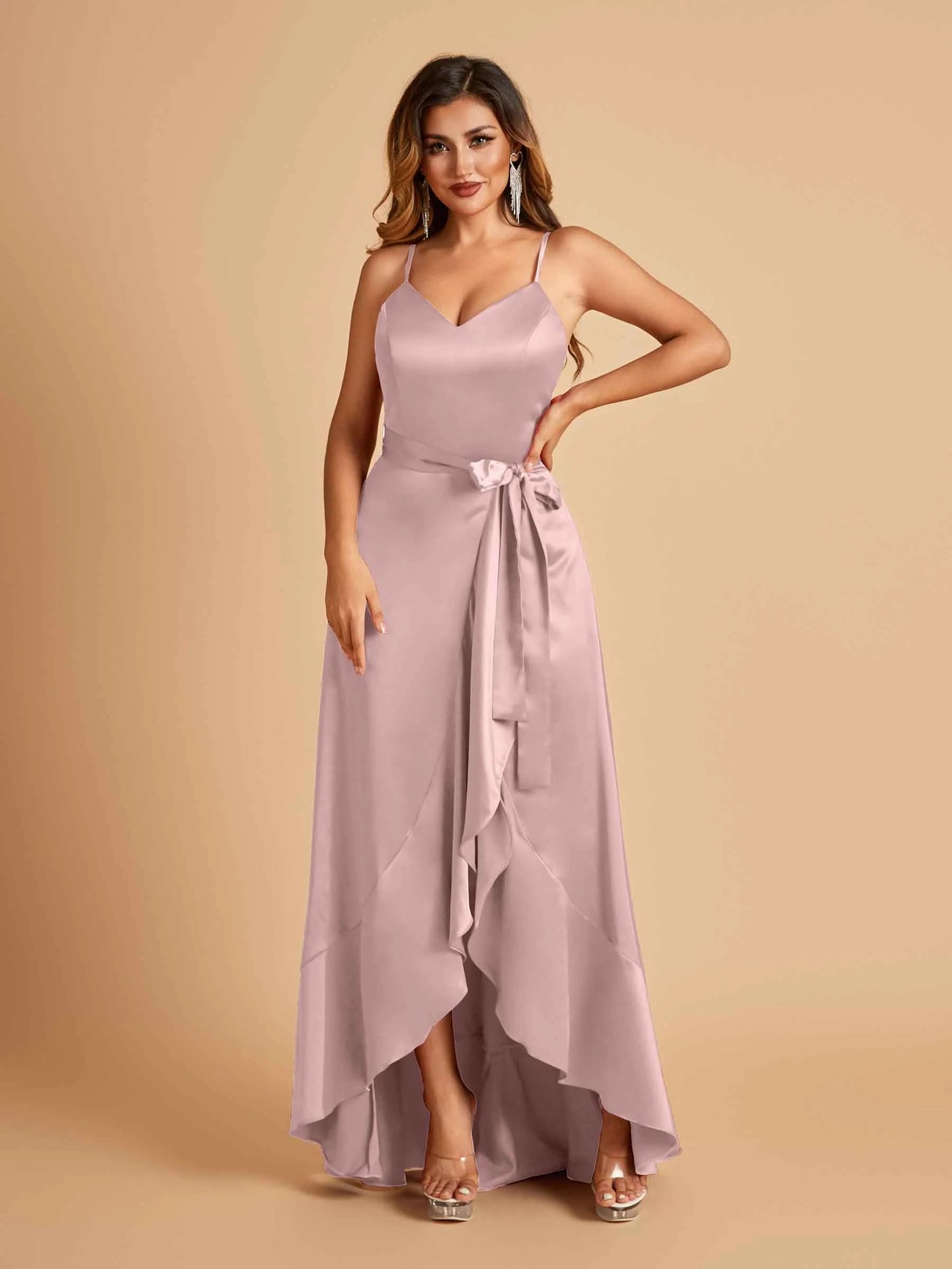 Satin Asymmetric V-neck Bridesmaid Dresses Sleeveless Side Slit A-line Unique For Sale