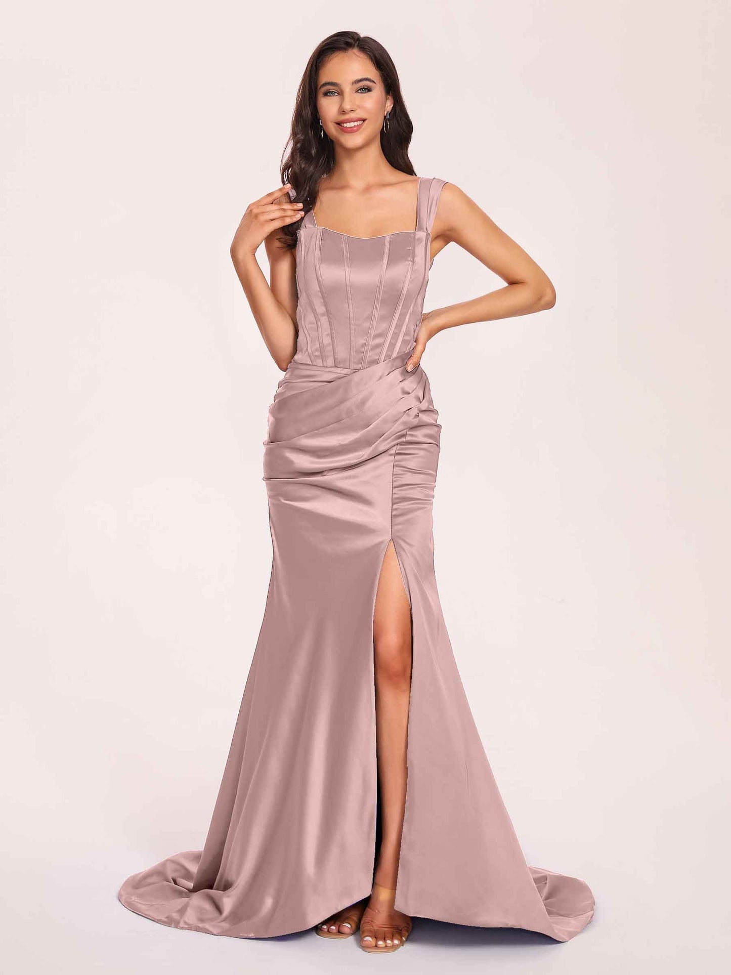 Sexy Satin Square Mermaid Prom Dresses Pleats Side-Slit Floor-Length Sleeveless