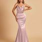 Satin Mermaid Open Back Prom Dresses Spaghetti Straps Scoop Floor Length