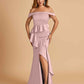 Satin Mermaid Off Shoulder Bridesmaid Dresses With Ruffles Side Slit Floor Length