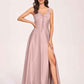 Satin V-neck A-line Prom Dresses Side slit Floor Length