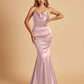 Satin Mermaid Open Back Bridesmaid Dresses Spaghetti Straps Scoop Floor Length