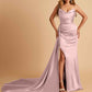 Sexy Satin Sheath Bridesmaid Dresses Strapless Sweetheart Side Slit With Train