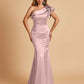 Satin One-shoulder Bridesmaid Dresses Ruffle Sleeves Mermaid Floor Length For Sale