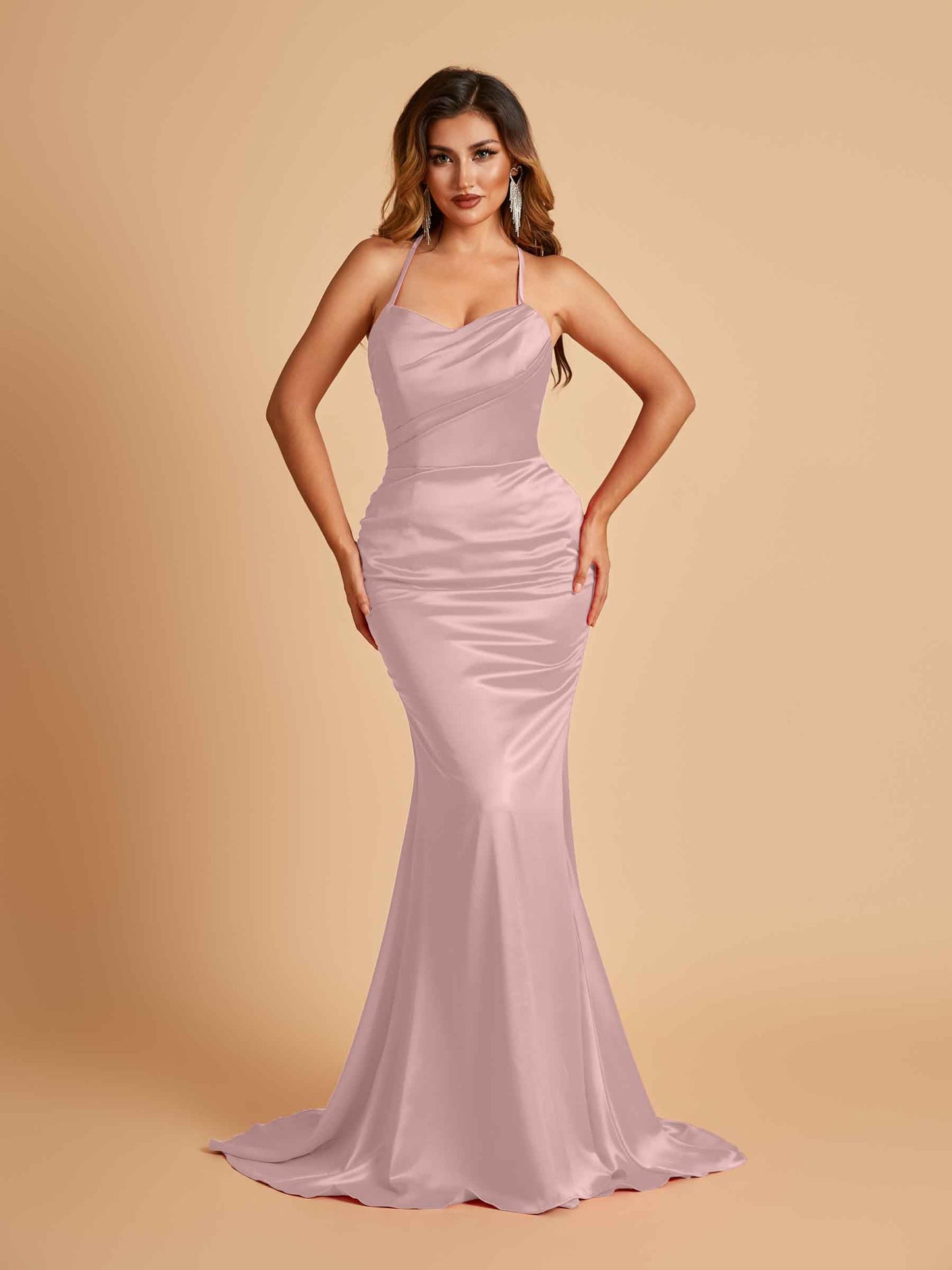 Sexy Satin Mermaid Prom Dresses Spaghetti Straps Scoop Criss-cross Back