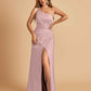 Satin One Shoulder Sheath Prom Dresses Spaghetti Straps Side Slit Floor Length