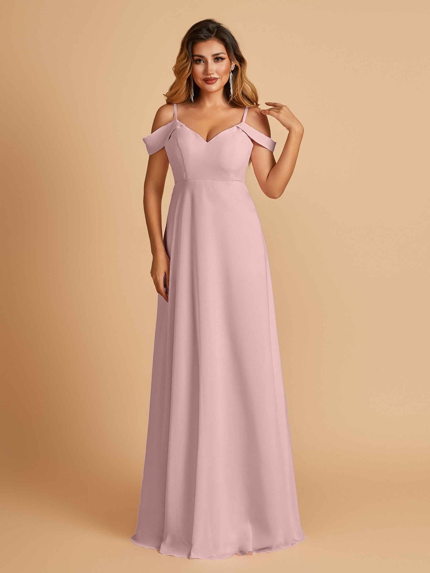 Chiffon Off-shoulder Long Bridesmaid Dresses V-neck Floor Length A-line For Sale