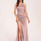 Satin Halter Pleats Sheath Prom Dresses Side-Slit Floor Length Sleeveless