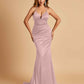 Satin Mermaid Open-back Prom Dresses Spaghetti Straps V-neck With Pleats Floor Length
