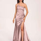Satin One-shoulder Mermaid Bridesmaid Dresses Side Slit Pleats Floor Length