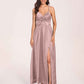 Satin Spaghetti Straps A-line Bridesmaid Dresses Side Slit Floor Length