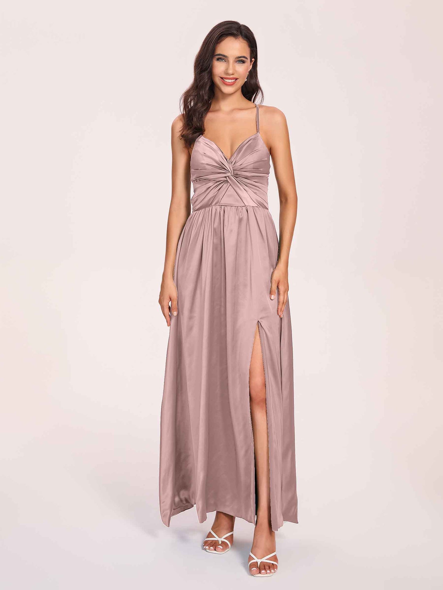 Satin Spaghetti Straps A-line Bridesmaid Dresses Side Slit Floor Length