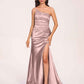 Satin One-shoulder Mermaid Prom Dresses Side Slit Pleats Floor Length