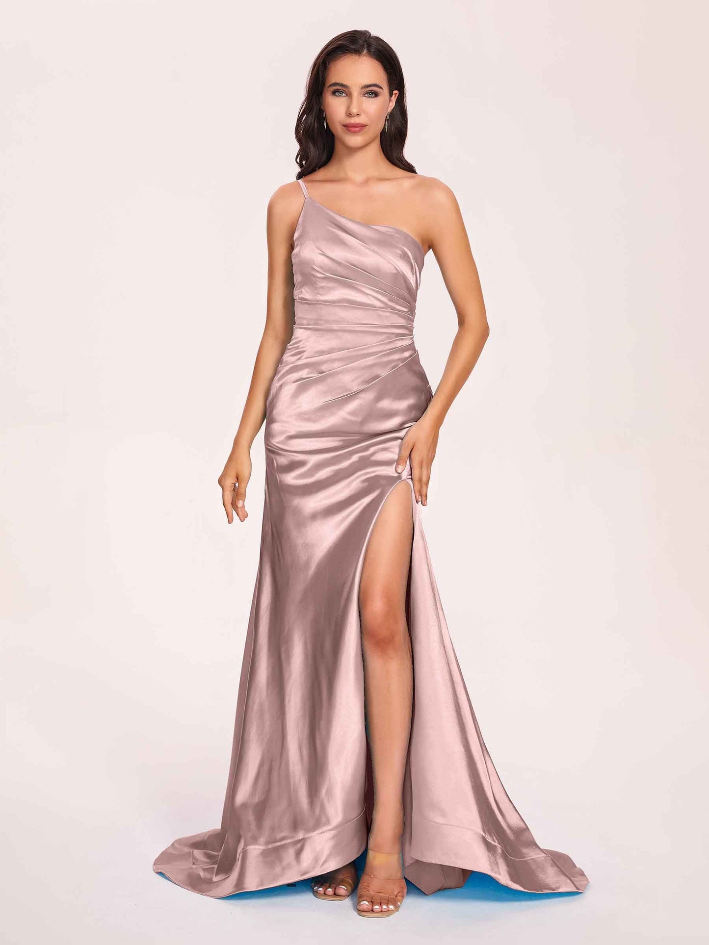 Satin One-shoulder Mermaid Prom Dresses Side Slit Pleats Floor Length