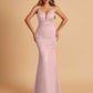 Satin Deep V-neck Mermaid Prom Dresses Open Back Floor Length